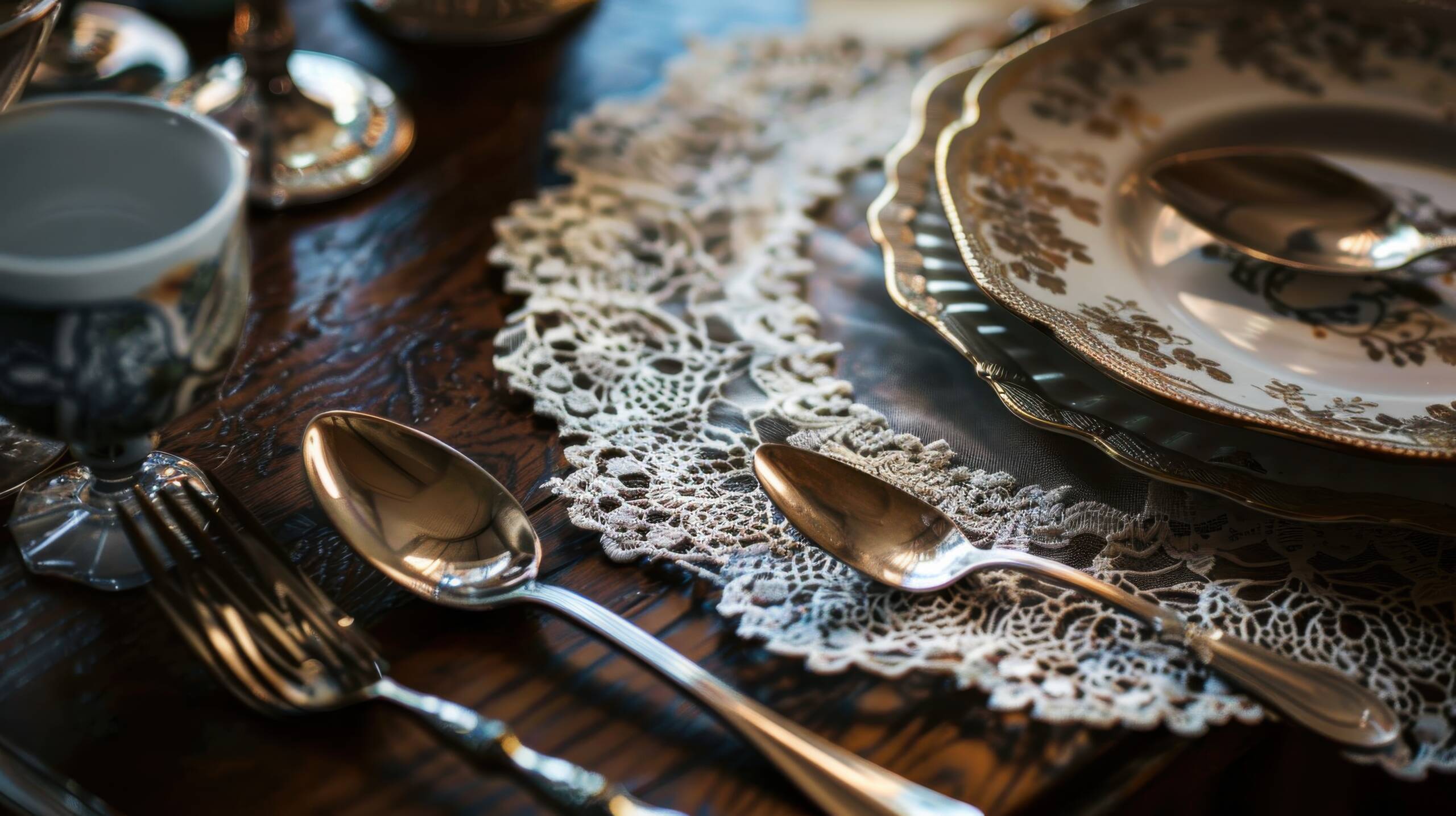 Two silver spoons and a fork rest on a wooden table with a lace doily. A set of elegant china plates with gold trim sits in the background.